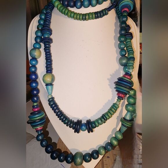 Blue and Green Wooden Beaded Necklaces with Textured Designs NWOT - Picture 1 of 10